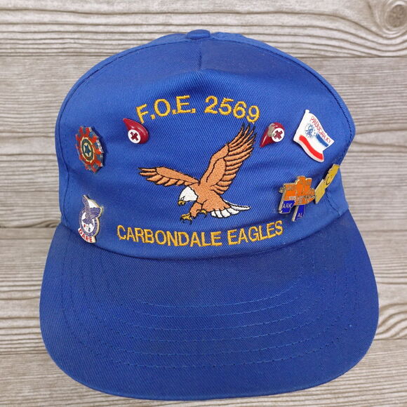 VINTAGE CARBONDALE EAGLES IL ILLINOIS BLUE SNAPBACK TRUCKER HAT CAP W/ PINS USA - Picture 1 of 13